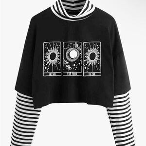 Astrology mock neck cropped long striped sleeve tarot cards goth graphic tee